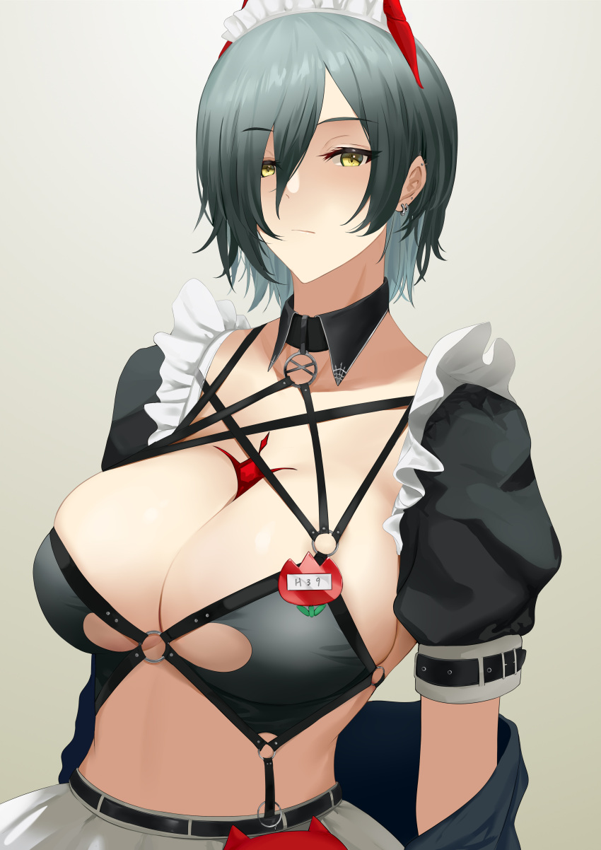 1girl absurdres alternate_breast_size apron axicoi azur_lane black_bra black_hair bra breast_strap breasts earrings eyebrows_visible_through_hair highres horns jewelry large_breasts maid_headdress mechanical_horns multicolored_hair o-ring o-ring_top official_alternate_costume puffy_short_sleeves puffy_sleeves red_horns short_hair short_sleeves simple_background solo streaked_hair two-tone_hair ulrich_von_hutten_(azur_lane) ulrich_von_hutten_(mayhem_maid)_(azur_lane) underwear waist_apron white_apron white_hair yellow_eyes