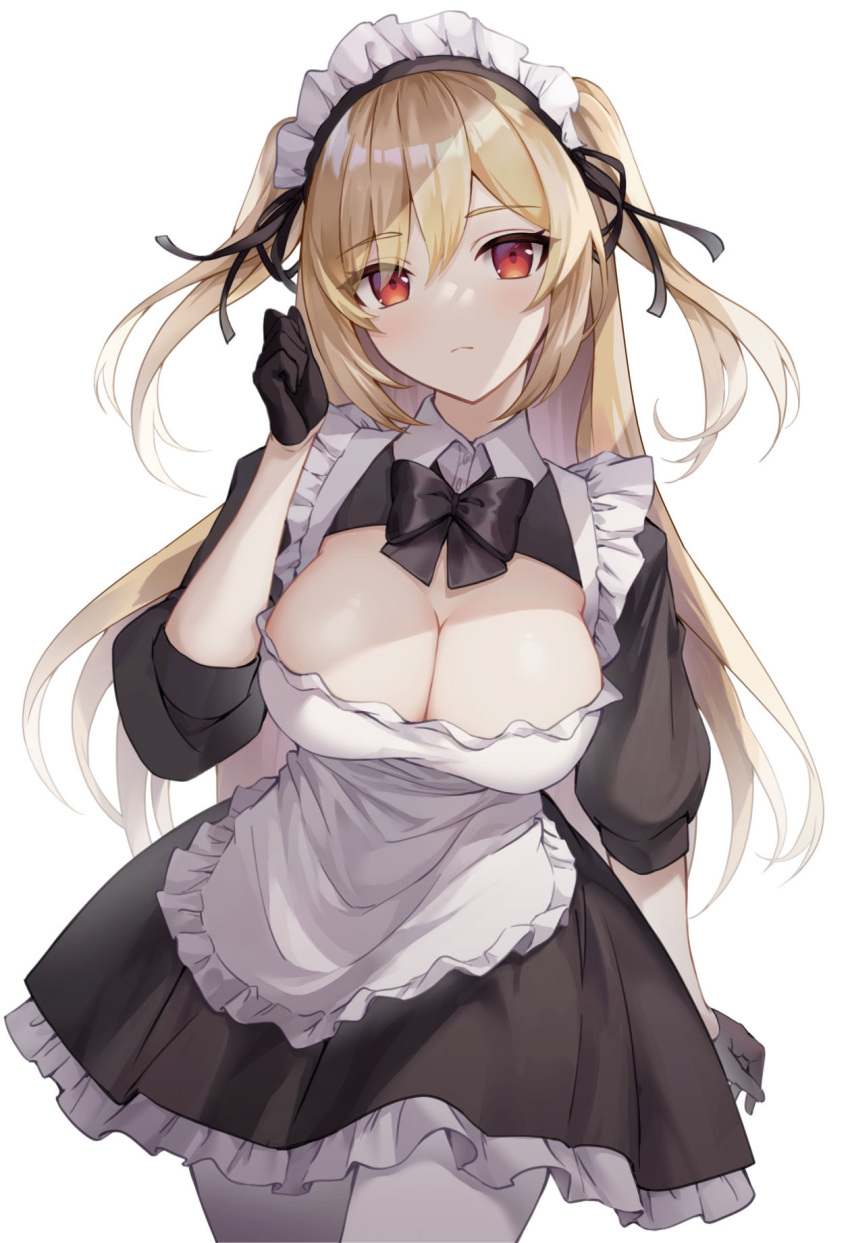 1girl apron bangs black_bow black_dress black_gloves blonde_hair blush bow bowtie breasts cleavage_cutout clenched_hand clothing_cutout cowboy_shot dress frilled_apron frilled_dress frills gloves half_gloves hand_up highres large_breasts light_frown long_hair looking_at_viewer maid maid_headdress metatarou original pantyhose puffy_short_sleeves puffy_sleeves red_eyes short_sleeves solo standing two_side_up white_legwear