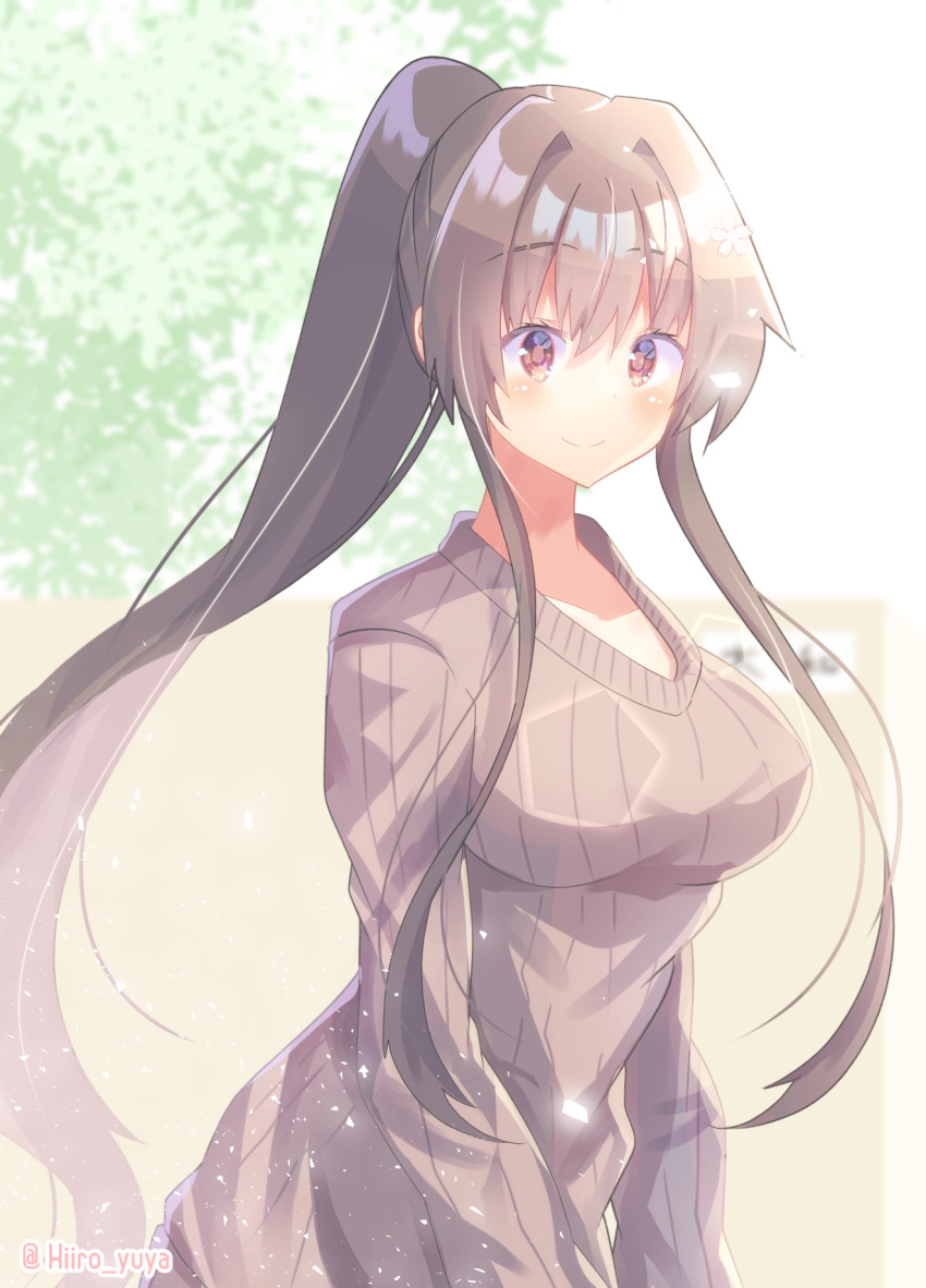 breasts brown_eyes brown_hair brown_sweater casual eyebrows_visible_through_hair highres hiiro_yuya kantai_collection large_breasts long_hair official_alternate_costume ponytail ribbed_sweater smile sweater upper_body yamato_(kancolle)