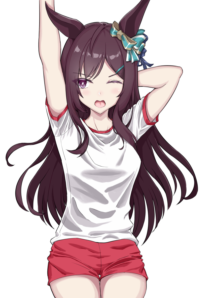 1girl absurdres animal_ears arms_up black_hair commentary_request hair_between_eyes hair_ornament highres horse_ears horse_girl horse_tail mejiro_dober_(umamusume) one_eye_closed open_mouth senbonsang shorts simple_background sportswear tail umamusume violet_eyes white_background