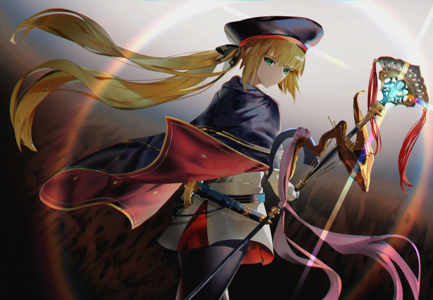 1girl artoria_pendragon_(caster)_(fate) artoria_pendragon_(fate) back bangs belt black_legwear black_ribbon blonde_hair blue_belt blue_cape blue_headwear cape closed_mouth commentary_request dress fate/grand_order fate_(series) floating_hair gold_trim green_eyes hair_between_eyes hair_ribbon hat highres holding holding_staff holding_weapon long_hair long_sleeves looking_at_viewer looking_back pantyhose red_cape ribbon sheath sheathed short_sword sidelocks smile solo staff sword tsujieiri twintails two-tone_cape very_long_hair weapon white_dress