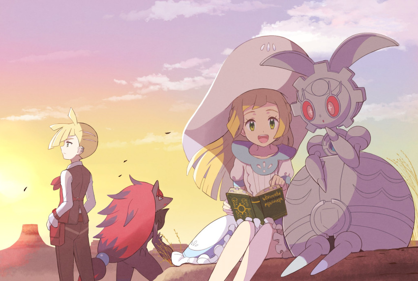 1boy 1girl :d ahoge bangs blonde_hair book brother_and_sister clouds commentary_request dress eyelashes frills gladion_(pokemon) green_eyes hat highres holding holding_book lillie_(pokemon) long_hair long_sleeves magearna mei_(maysroom) open_mouth outdoors pants pointing pokemon pokemon_(anime) pokemon_(creature) pokemon_swsh_(anime) reading shirt short_hair short_sleeves siblings sitting sky smile standing teeth tongue twilight upper_teeth vest white_dress zoroark