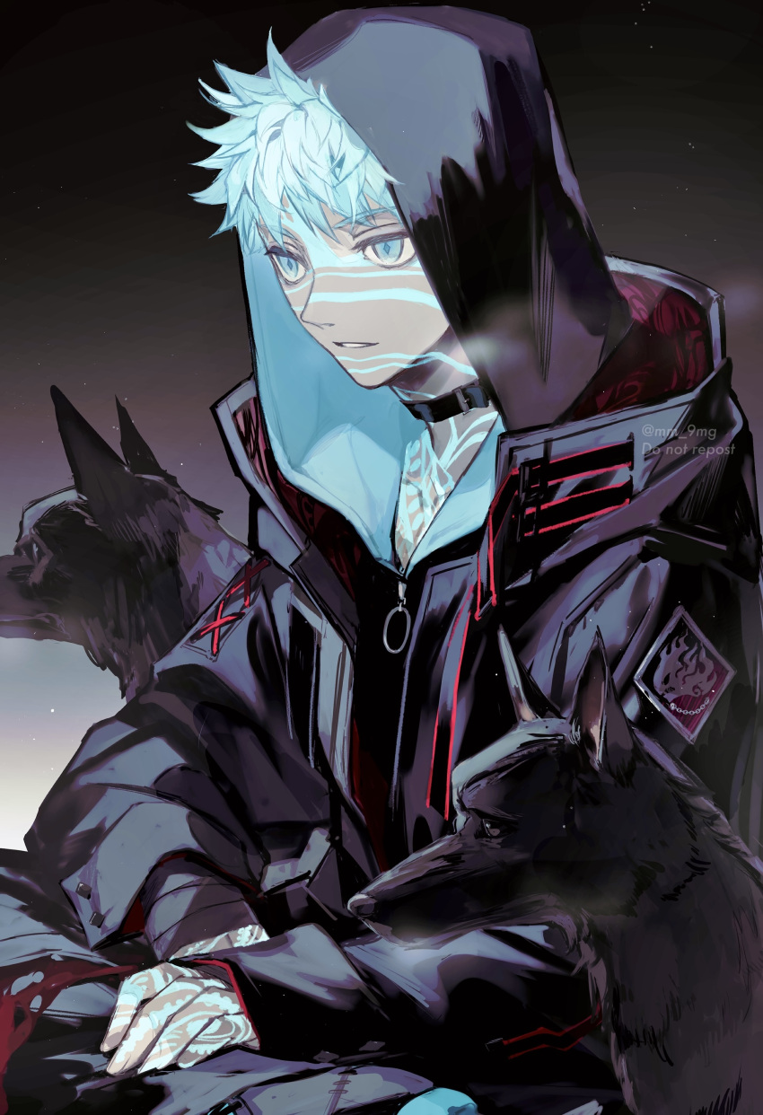 1boy absurdres angra_mainyu_(fate) bandages black_eyes black_hoodie blue_eyes collar commentary dark-skinned_male dark_skin fate/grand_order fate/hollow_ataraxia fate_(series) full-body_tattoo highres hood hoodie male_focus mg_(ehme3725) open_mouth short_hair smile solo tattoo