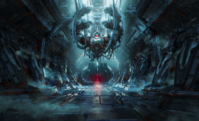 cable daemon_x_machina hallway looking_at_viewer mecha no_humans official_art radiant_gleam realistic scenery science_fiction solo tani_(tanidesuyo) upper_body visor