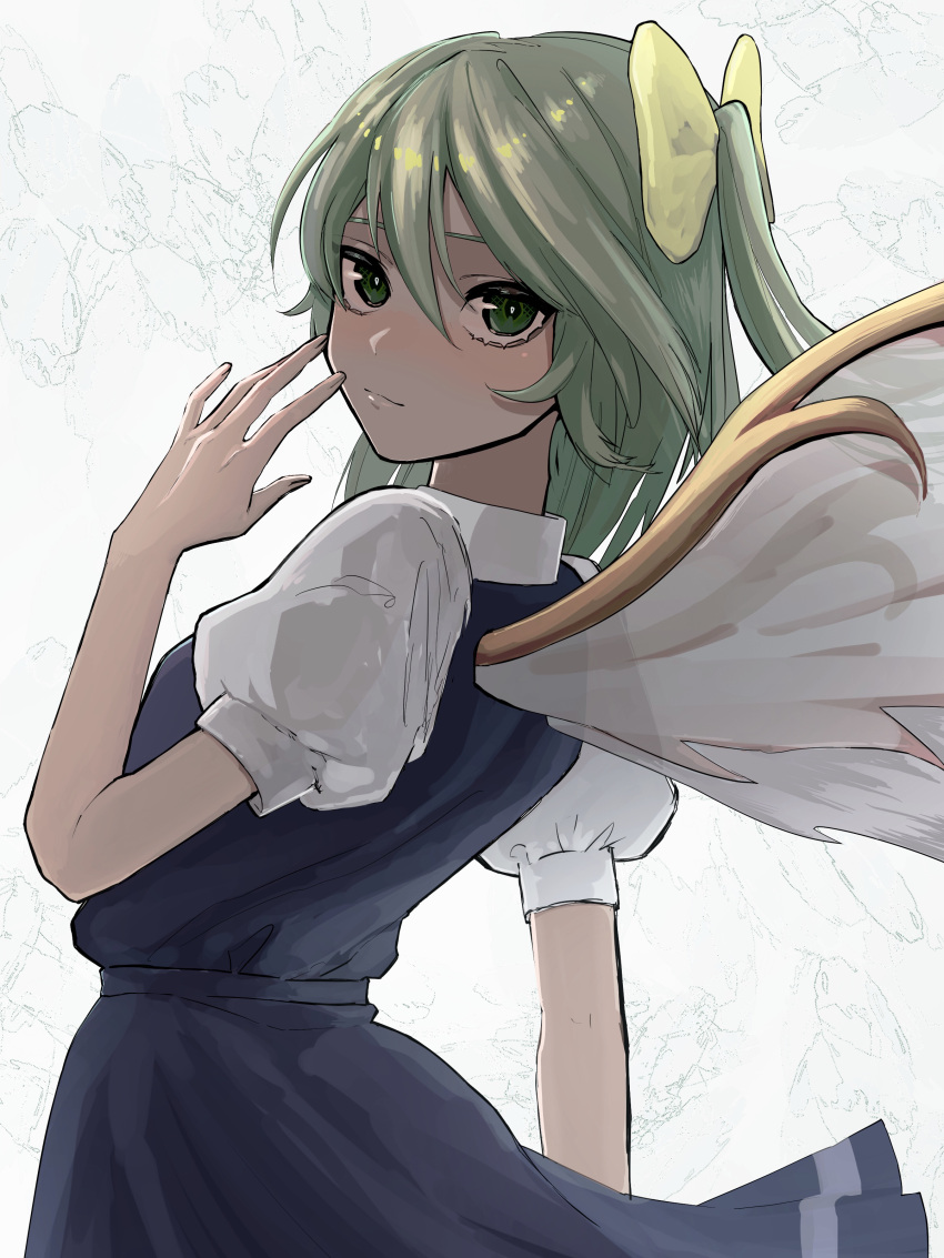 1girl absurdres blue_dress blush bow bright_pupils cowboy_shot daiyousei dress fairy_wings green_eyes green_hair hair_between_eyes hair_bow highres leaning_back looking_at_viewer looking_back nose_blush puffy_short_sleeves puffy_sleeves shirt short_hair short_sleeves side_ponytail simple_background solo soregashi_nk touhou white_background white_pupils white_shirt wings yellow_bow