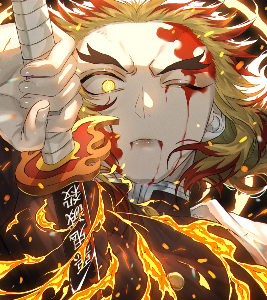 1boy anasa3 bangs black_jacket blonde_hair blood blood_from_mouth blood_on_face buttons cape closed_mouth earrings embers fingernails fire flaming_sword flaming_weapon forehead glowing glowing_eye gradient_hair highres holding holding_sword holding_weapon injury jacket jewelry kimetsu_no_yaiba male_focus medium_hair mismatched_eyebrows multicolored_hair one_eye_closed redhead rengoku_kyoujurou sidelocks solo sword thick_eyebrows two-tone_hair uniform upper_body weapon white_cape