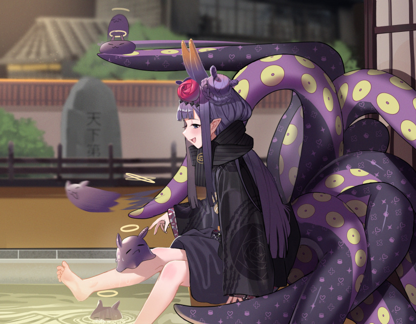 1girl :d barefoot black_kimono black_scarf double_bun from_side highres hololive hololive_english japanese_clothes jiki_(gkdlfnzo1245) kimono ninomae_ina'nis outdoors scarf smile soaking_feet solo tako_(ninomae_ina'nis) tentacles virtual_youtuber water