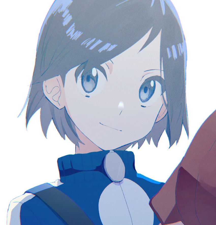 1boy asagiri_kogen bangs blue_jacket calem_(pokemon) closed_mouth commentary grey_background grey_eyes hat highres holding holding_clothes holding_hat jacket looking_at_viewer male_focus pokemon pokemon_(game) pokemon_xy red_headwear shiny shiny_hair short_hair simple_background smile solo turtleneck turtleneck_jacket upper_body