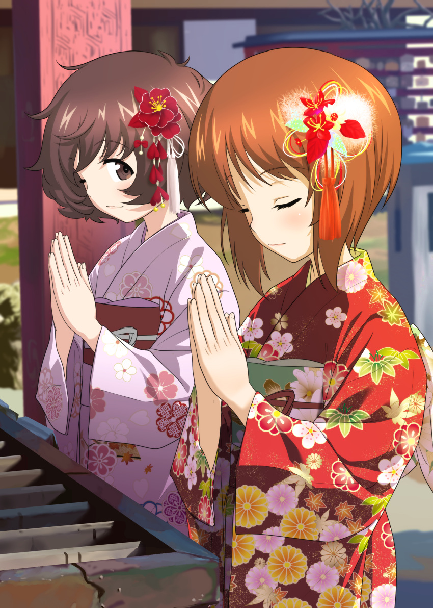 2girls absurdres akiyama_yukari architecture bangs blurry blurry_background box brown_eyes brown_hair closed_mouth day depth_of_field donation_box east_asian_architecture eyebrows_visible_through_hair floral_print flower girls_und_panzer hair_flower hair_ornament highres japanese_clothes kimono light_blush lips long_sleeves looking_at_another messy_hair multiple_girls nishizumi_miho obi one_eye_closed outdoors own_hands_together pink_kimono praying print_kimono red_kimono sash shadow shiina_excel shinto short_hair shrine smile standing wide_sleeves