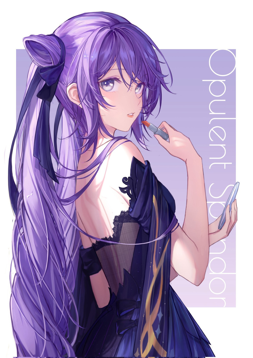 1girl acami2 backless_outfit bangs bare_shoulders black_ribbon blush cosmetics double_bun dress english_commentary feet_out_of_frame genshin_impact hair_cones hair_ribbon highres holding holding_lipstick_tube holding_mirror keqing_(genshin_impact) keqing_(opulent_splendor)_(genshin_impact) lipstick_tube long_hair looking_at_viewer looking_back mirror official_alternate_costume outside_border parted_lips pleated_dress purple_background purple_dress purple_hair ribbon sidelocks simple_background solo standing violet_eyes