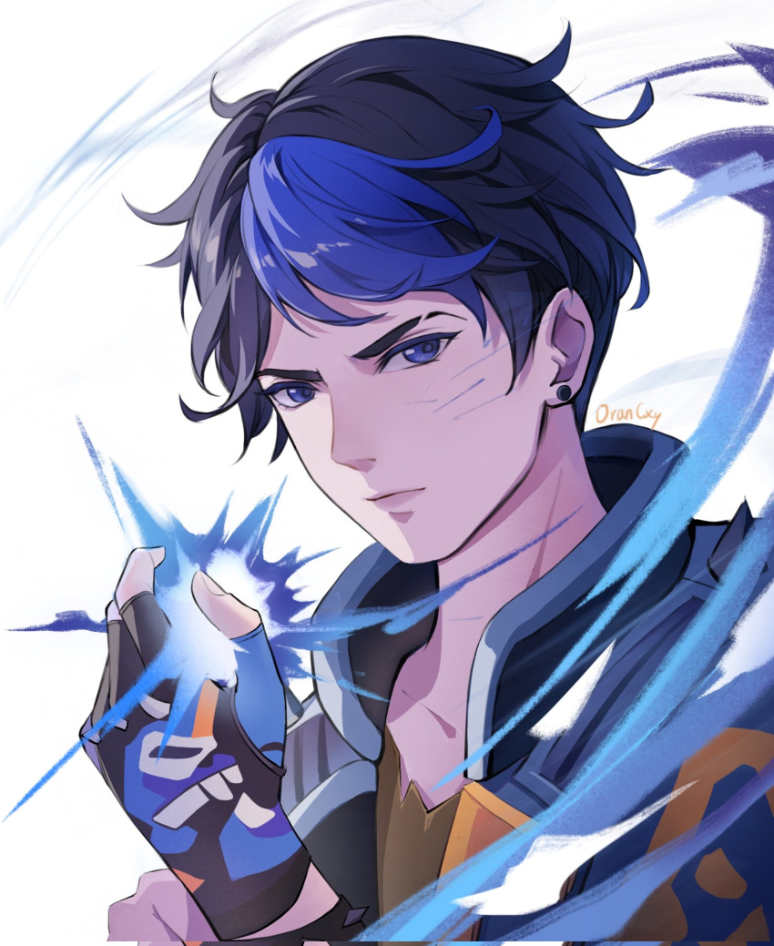 1boy alternate_hairstyle artist_name black_gloves blue_eyes blue_hair blue_jacket collarbone earrings energy english_commentary eyebrow_cut fingerless_gloves gloves hair_behind_ear highres jacket jewelry looking_at_viewer male_focus open_hand oran_(lovekarthus) portrait solo valorant white_background yoru_(valorant)