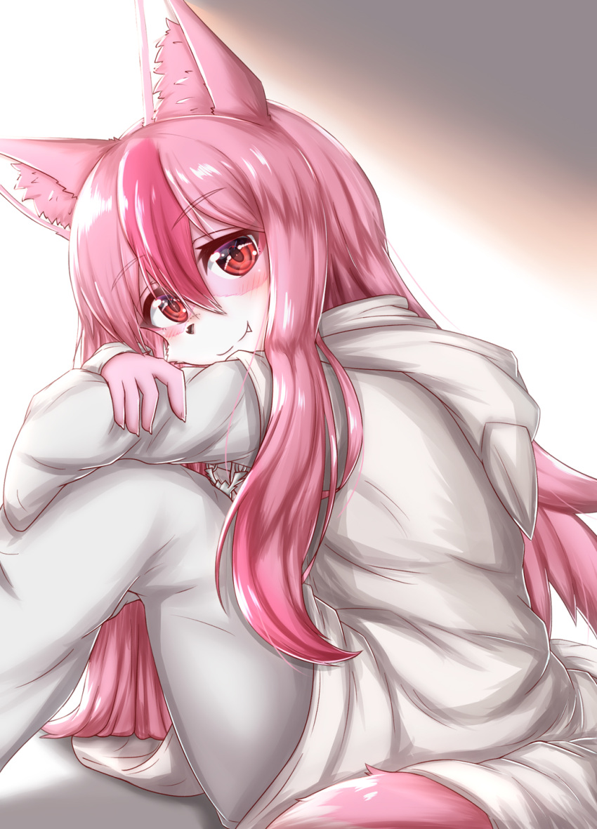 1girl animal_ears blush brand_new_animal closed_mouth crossed_arms eyebrows_visible_through_hair fang fang_out fox_ears fox_girl fox_tail furry furry_female grey_hoodie grey_pants highres hiwatashi_nazuna hood hoodie horokusa_(korai) long_hair long_sleeves looking_at_viewer pants pink_fur red_eyes smile solo sweatpants tail white_fur