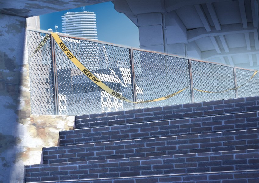 blue_sky brick bridge building caution_tape chain-link_fence fence gradient gradient_sky highres itaco keep_out no_humans original outdoors rust scenery sky stairs