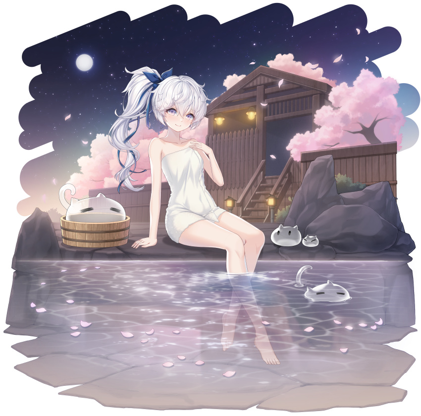 1girl absurdres alternate_costume arius_esquede bare_shoulders cherry_blossoms collarbone counter:side feet highres looking_at_viewer moon naked_towel official_alternate_costume official_art one_side_up onsen outdoors partially_submerged petals sky star_(sky) starry_sky towel tree white_hair