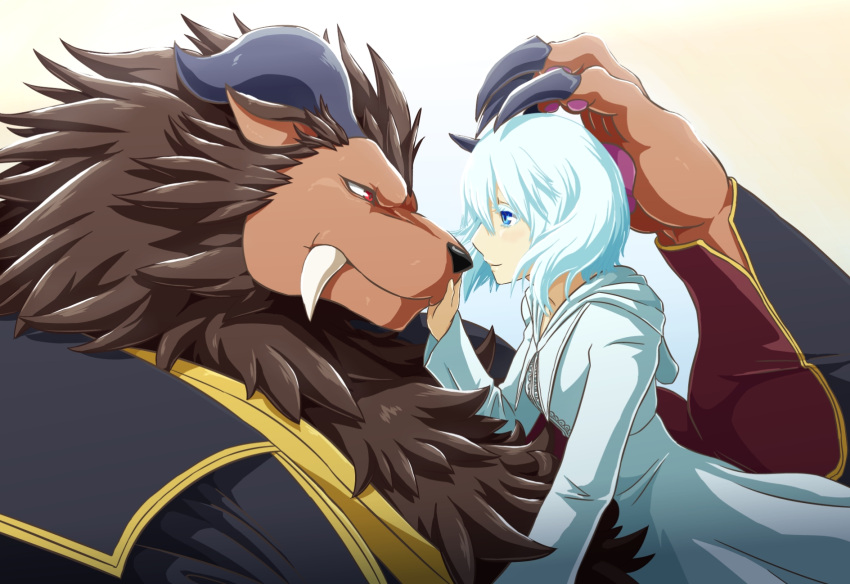 1boy 1girl aqua_hair blue_eyes brown_hair claws closed_mouth dress furry furry_male furry_with_non-furry haikiba_ken'ichi hair_between_eyes hand_on_another's_head highres hood hood_down horns interspecies leonhart_(niehime_to_kemono_no_ou) niehime_to_kemono_no_ou red_eyes sariphi smile tusks