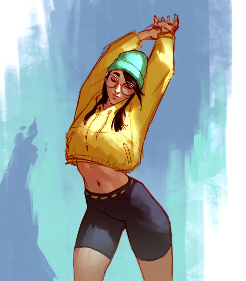 1girl beanie bike_shorts black_hair black_shorts breasts closed_eyes cropped_hoodie english_commentary glasses green_headwear hat highres hood hoodie jeremy_anninos killjoy_(valorant) medium_breasts medium_hair midriff navel round_eyewear shorts sketch smile solo stretch valorant yellow_hoodie