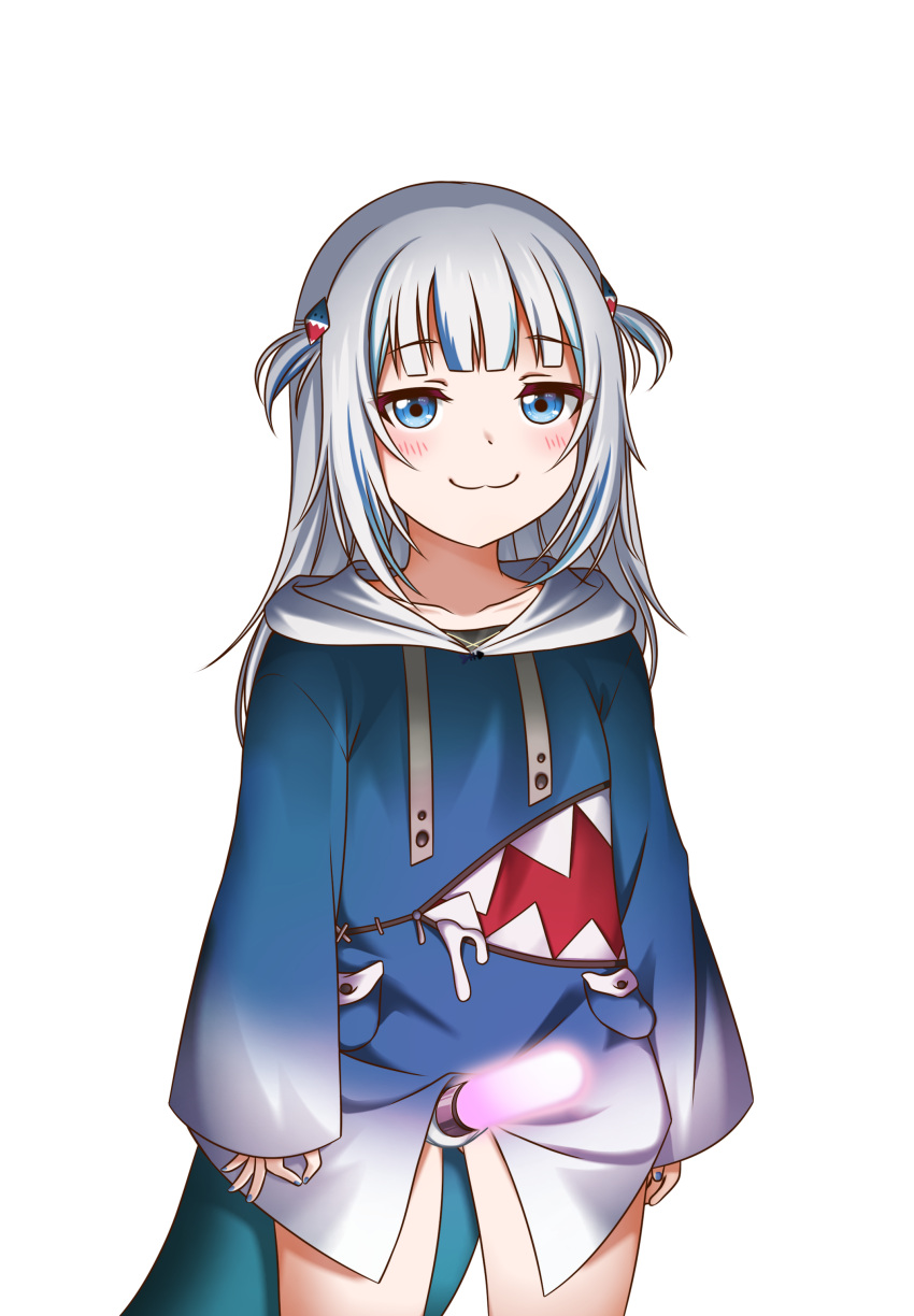 1girl :3 absurdres bangs blue_eyes blue_hair blue_hoodie blunt_bangs circle_game cowboy_shot eyebrows_visible_through_hair fish_tail gawr_gura glowstick highres hololive hololive_english hood hoodie jan_azure long_sleeves looking_at_viewer medium_hair multicolored_hair phallic_symbol sexually_suggestive shark_girl shark_tail silver_hair sleeves_past_wrists smile solo standing streaked_hair tail two-tone_hair two_side_up virtual_youtuber when_you_see_it