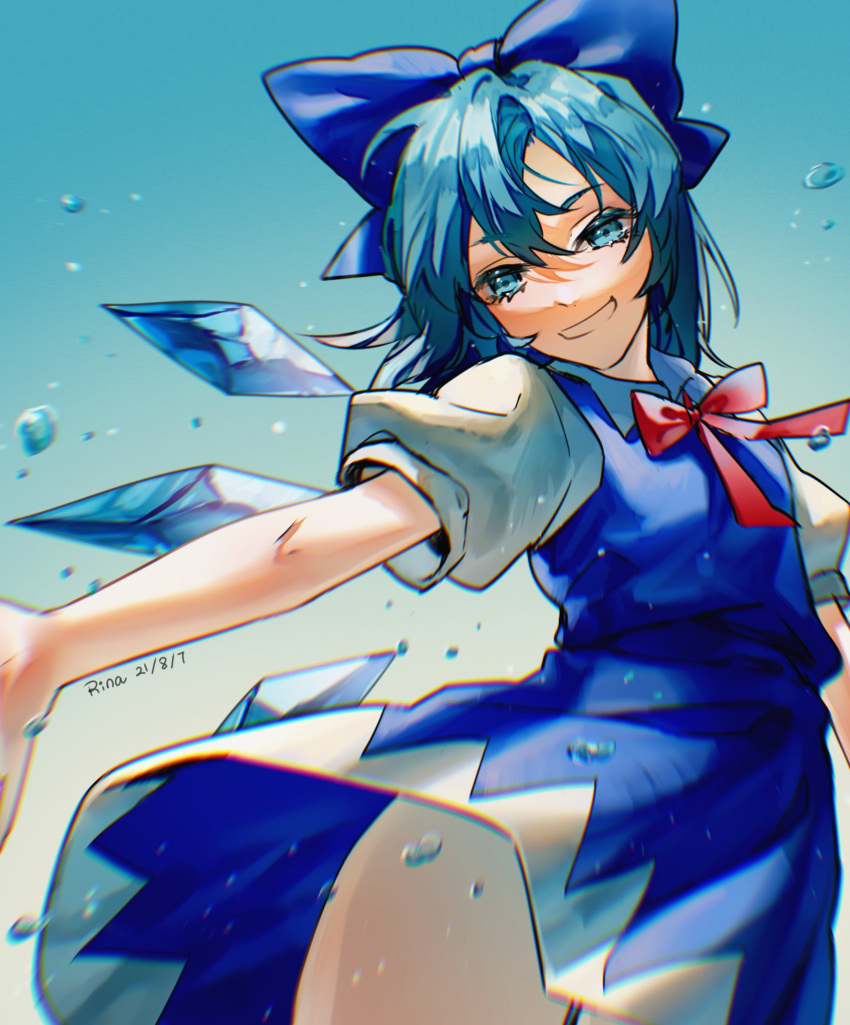 1girl ahoge aihara-rina blue_bow blue_dress blue_eyes blue_hair blush bow cirno collared_shirt commentary_request dress eyebrows_visible_through_hair eyelashes fairy gradient gradient_background grin hair_between_eyes hair_bow highres ice ice_wings looking_at_viewer open_mouth pinafore_dress puffy_short_sleeves puffy_sleeves red_ribbon ribbon shiny shiny_hair shirt short_hair short_sleeves simple_background smile solo teeth thighs tongue touhou twitter_username white_background white_shirt wings