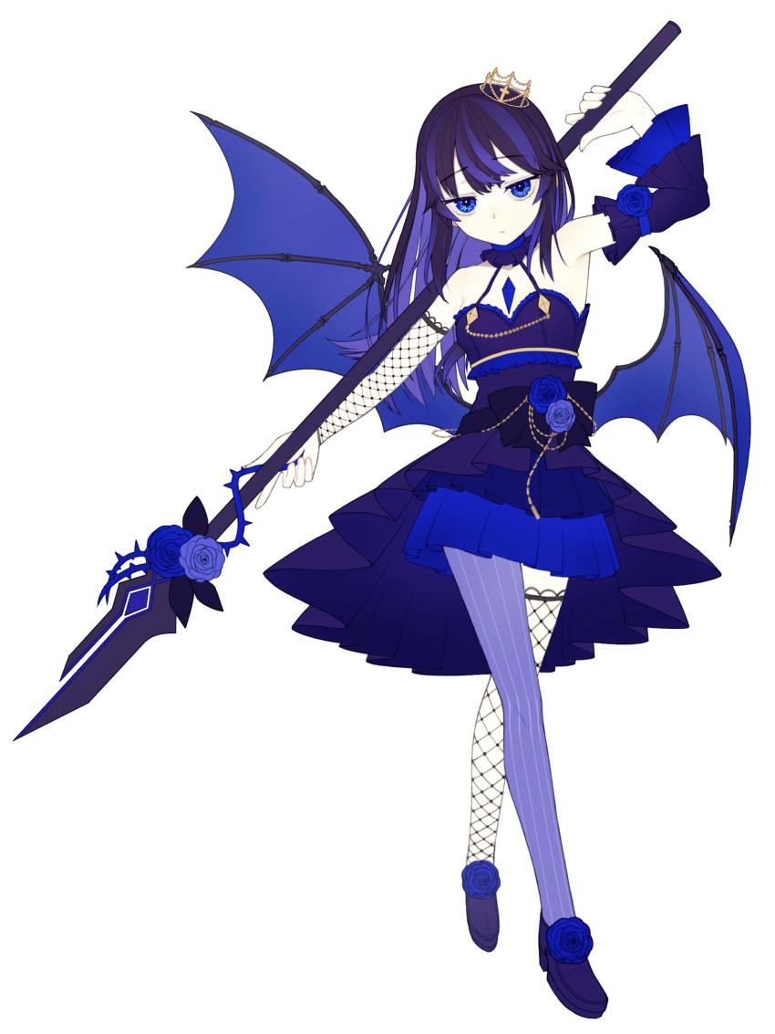 1girl arm_up asymmetrical_legwear black_hair blue_choker blue_eyes blue_flower blue_hair blue_legwear blue_rose blue_skirt blue_theme blue_wings bright_pupils choker closed_mouth commission cross crossed_legs crown demon_wings detached_sleeves dress eyebrows_visible_through_hair fishnet_legwear fishnets flower frilled_choker frills grey_background highres holding holding_polearm holding_weapon long_hair low_wings mismatched_legwear multicolored_hair off-shoulder_dress off_shoulder original pantyhose plant polearm riuichi rose simple_background single_thighhigh skeb_commission skirt solo spear streaked_hair striped striped_legwear thigh-highs thorns vines watson_cross weapon white_pupils wings