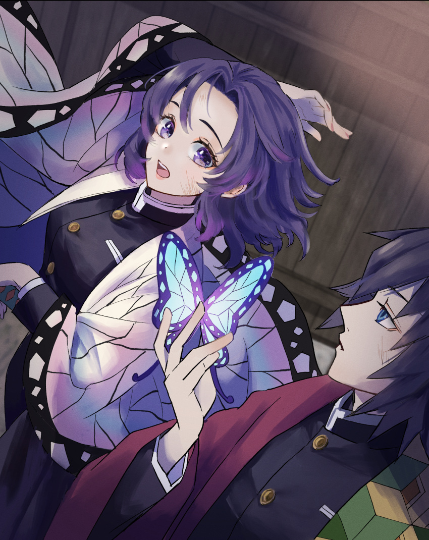 1boy 1girl arm_up bangs black_hair blue_eyes breasts bug butterfly butterfly_hair_ornament closed_mouth expressionless eyelashes feet_out_of_frame hair_ornament haori highres holding japanese_clothes kimetsu_no_yaiba kochou_shinobu large_breasts long_hair long_sleeves looking_at_another multicolored_hair open_mouth pants parted_bangs parted_lips pocket purple_butterfly purple_hair sheath sheathed siolemon1 standing sword teeth tomioka_giyuu upper_teeth weapon white_background wide_sleeves wooden_wall