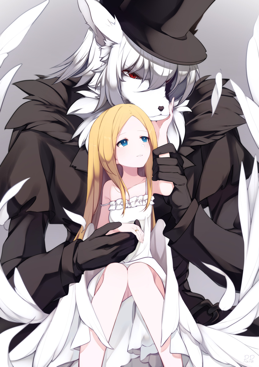 1boy 1girl absurdres animal_ears bangs bare_arms bare_shoulders black_gloves black_headwear black_souls blonde_hair blue_eyes bright_pupils chinese_commentary dress edith_(black_souls) furry furry_male furry_with_non-furry gloves hand_on_another's_face hand_up hat highres interspecies jack_(black_souls) jewelry knees_together_feet_apart long_hair long_sleeves looking_at_another parted_bangs pupa_jiang redhead ring sitting size_difference straight_hair strap_slip top_hat white_dress white_fur white_hair white_pupils wolf_boy wolf_ears