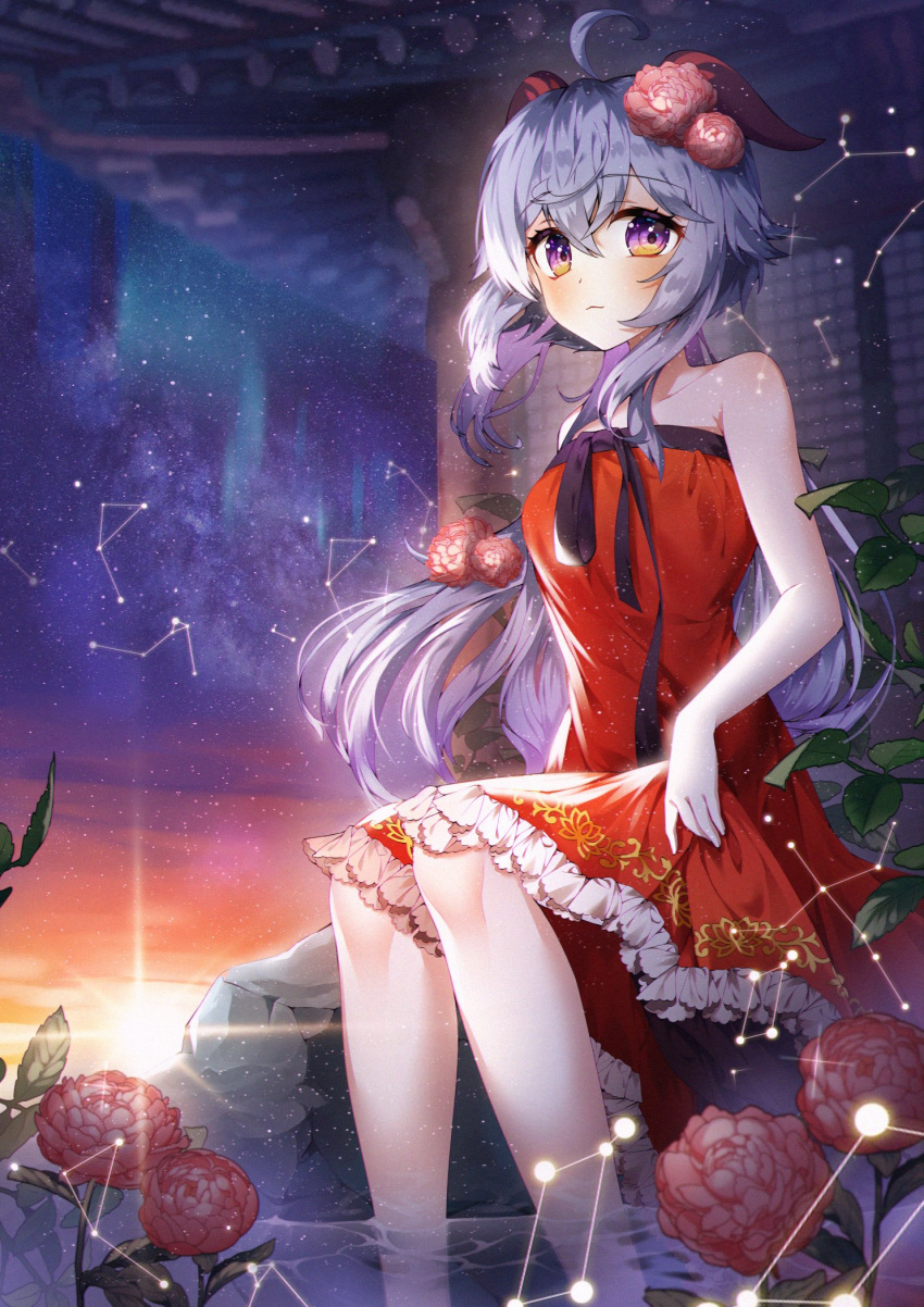 ahoge bangs bare_shoulders blue_hair blush bow dawn dress eyebrows_visible_through_hair flower ganyu_(genshin_impact) genshin_impact gradient_sky hando_2020 highres horns long_hair looking_at_viewer looking_to_the_side multicolored_eyes night night_sky red_dress red_flower sidelocks sitting sky solo star_(sky) star_(symbol) starry_sky sunrise water wet