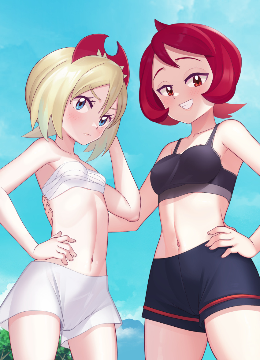 2girls absurdres alternate_costume arezu_(pokemon) bangs bare_arms black_shorts blonde_hair blue_eyes blush breasts closed_mouth collarbone commentary_request cowlick day eyelashes from_below frown gazing_eye grin hair_between_eyes hairband hand_on_hip hand_up highres irida_(pokemon) looking_at_viewer midriff multiple_girls navel outdoors pokemon pokemon_(game) pokemon_legends:_arceus red_hairband redhead shorts sky smile teeth white_shorts