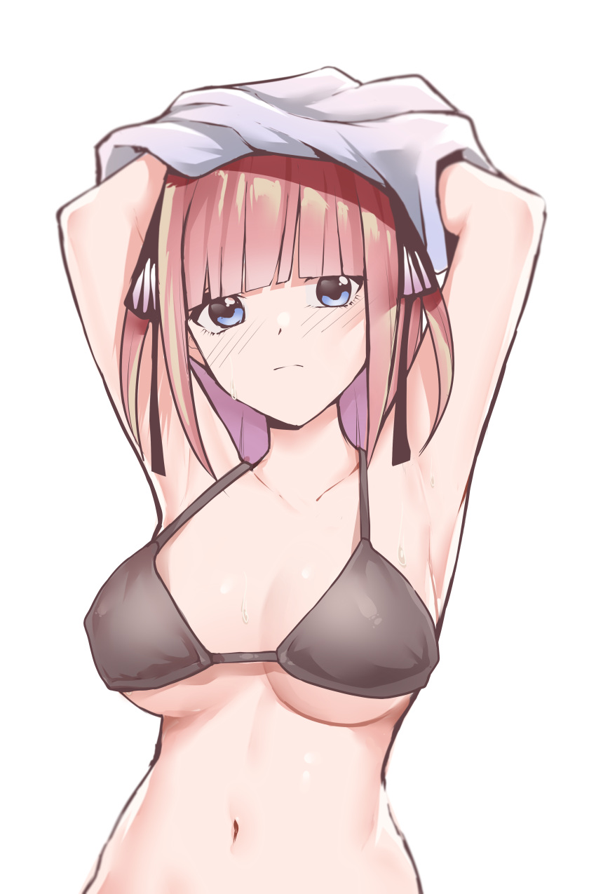1girl absurdres armpits arms_up bangs bikini black_bikini black_ribbon blue_eyes blunt_bangs blush breasts butterfly_hair_ornament closed_mouth collarbone eyebrows_behind_hair go-toubun_no_hanayome hair_ornament highres large_breasts looking_at_viewer nakano_nino navel pink_hair ribbon ryhluen simple_background stomach swimsuit twintails undressing white_background