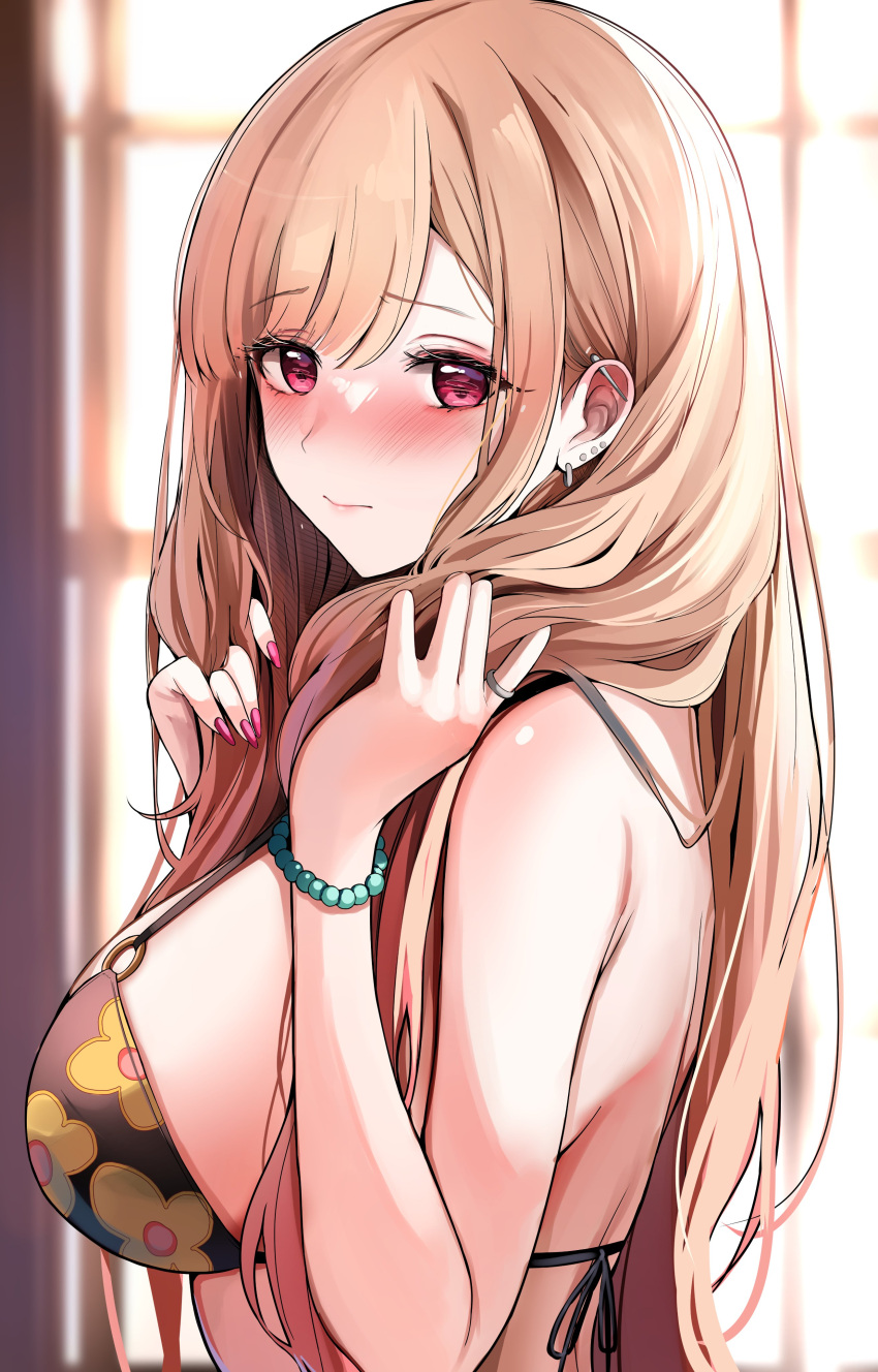 1girl absurdres bangs bare_shoulders bead_bracelet beads bikini black_bikini blonde_hair blush bracelet breasts ear_piercing earrings floral_print from_side highres jewelry kitagawa_marin large_breasts long_hair looking_at_viewer piercing red_eyes sak_(lemondisk) solo sono_bisque_doll_wa_koi_wo_suru swimsuit