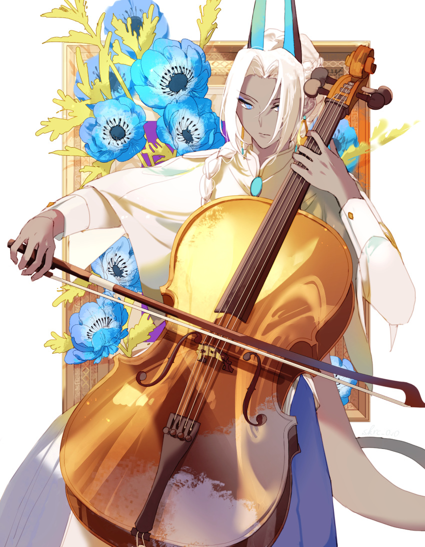1boy arjuna_(fate) arjuna_alter_(fate) bangs blue_eyes cello closed_mouth commentary_request dark-skinned_male dark_skin fate/grand_order fate_(series) flower hair_between_eyes highres holding horns instrument jewelry long_hair male_focus sakuramochi1003 solo white_hair