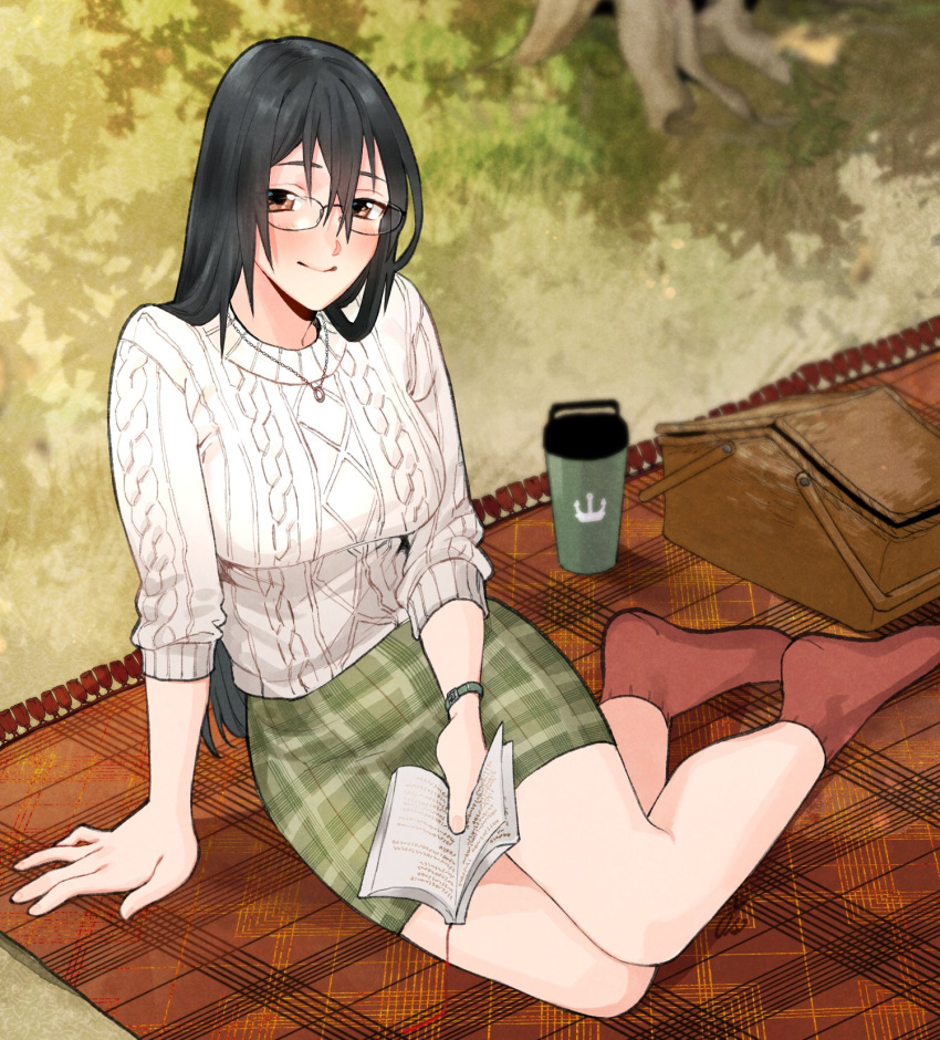 1girl alternate_costume aran_sweater bangs bespectacled black_hair blush book breasts brown_eyes chikuma_(kancolle) cup day glasses green_skirt hair_between_eyes highres holding holding_book jewelry kantai_collection large_breasts long_hair looking_at_viewer necklace outdoors picnic picnic_basket plaid plaid_skirt red_legwear shishanmo skirt smile socks solo sweater tree tree_shade white_sweater