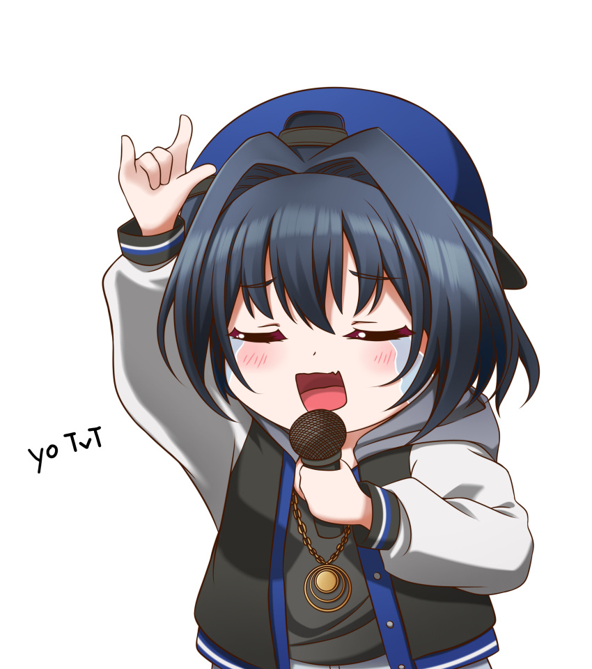 1girl \m/ absurdres alternate_costume backwards_hat bangs baseball_cap black_hair black_shirt blue_headwear blush chain chibi closed_eyes commentary crying english_commentary fang gold_chain hair_intakes hat highres hip_hop hololive hololive_english hood hooded_jacket jacket jan_azure letterman_jacket open_mouth ouro_kronii shirt skin_fang solo virtual_youtuber