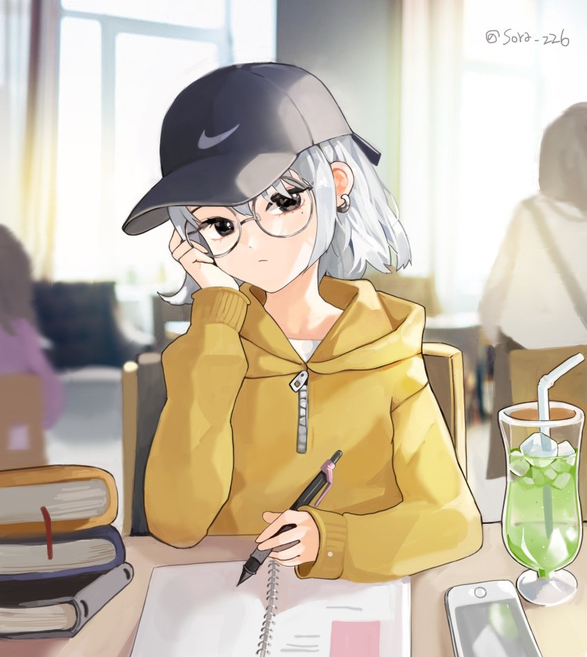 absurdres bangs baseball_cap black_eyes cafe cellphone copyright_request earrings glasses hat highres indoors jacket jewelry looking_at_viewer mole mole_under_eye phone silver_hair sitting smartphone sora_zz6 table twitter_username yellow_jacket