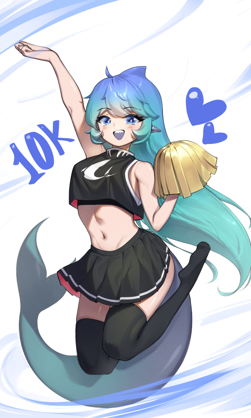 1girl :d absurdres arm_up bare_arms bare_shoulders black_legwear black_shirt black_skirt blue_eyes blue_hair cheerleader crop_top crop_top_overhang dorsal_fin fish_tail gradient_hair heart highres holding holding_pom_poms legs_up long_hair looking_at_viewer midriff miniskirt multicolored_hair navel original pleated_skirt pom_pom_(cheerleading) sbgu shark_tail sharp_teeth shirt skirt sleeveless sleeveless_shirt smile solo stomach tail teeth thigh-highs very_long_hair zettai_ryouiki