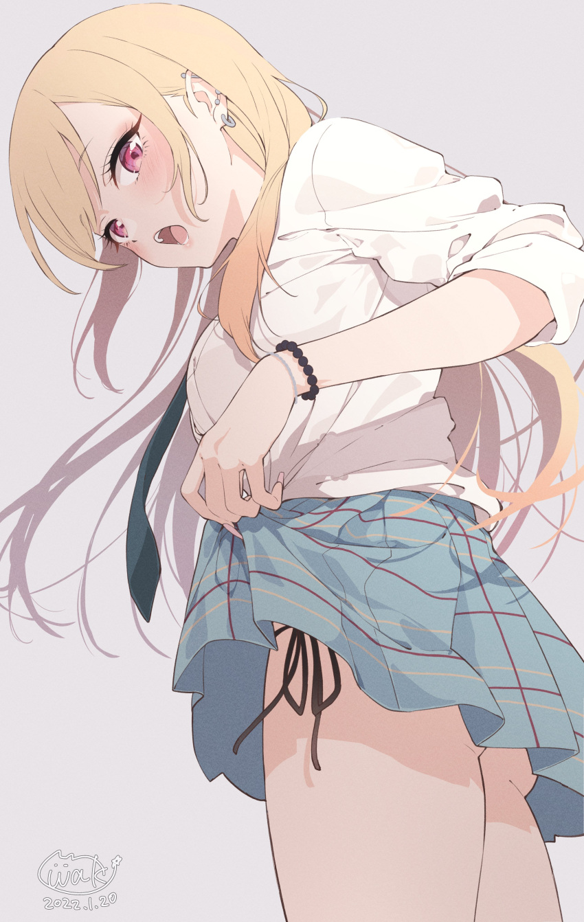 1girl absurdres bangs black_necktie black_panties blonde_hair blue_skirt blush breasts clothes_lift commentary dated ear_piercing earrings eyebrows_visible_through_hair from_below from_side grey_background highres jewelry kitagawa_marin lifted_by_self long_hair long_sleeves looking_at_viewer looking_down looking_to_the_side medium_breasts necktie neki_(wakiko) open_mouth panties piercing pleated_skirt shirt side-tie_panties signature simple_background skirt skirt_lift solo sono_bisque_doll_wa_koi_wo_suru underwear very_long_hair violet_eyes white_shirt