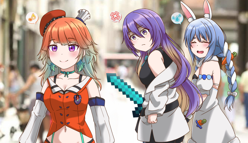 3girls absurdres anger_vein angry animal_ear_fluff animal_ears black_gloves blue_hair blurry blurry_background bow breasts carrot catfight chef_hat clenched_hand closed_eyes crazy_eyes detached_sleeves diamond_sword distracted_boyfriend_(meme) eyebrows_behind_hair food-themed_hair_ornament gloves gradient_hair green_hair hair_bow hair_ornament hat highres holding holding_sword holding_weapon hololive hololive_english hololive_indonesia jan_azure looking_back medium_breasts meme minecraft minecraft_sword moona_hoshinova multicolored_hair multiple_girls musical_note navel open_mouth orange_hair photo_background purple_hair rabbit_ears rabbit_girl short_eyebrows spoken_anger_vein spoken_musical_note spoken_sweatdrop sweatdrop sword takanashi_kiara usada_pekora violet_eyes virtual_youtuber weapon white_bow white_hair