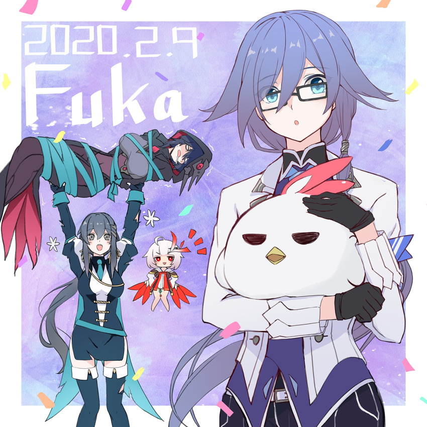 2020 4girls :d :o animal bangs bird black_bodysuit black_cape black_gloves black_hair black_pants blue_eyes blue_necktie blue_vest bodysuit boots border bound breasts cape carrying carrying_person character_name cheng_lixue chibi chicken chinese_clothes confetti denken fingerless_gloves floating formal fu_hua fu_hua_(night_squire) glasses gloves green_footwear green_jacket green_necktie grey_eyes grey_hair highres holding holding_animal honkai_(series) honkai_impact_3rd jacket jingwei's_wings long_hair long_sleeves looking_at_viewer multiple_girls necktie open_mouth pants polo_shirt purple_background raven_(honkai_impact_3rd) red_eyes short_hair smile thigh-highs thigh_boots tied_up_(nonsexual) vest white_border white_hair white_jacket