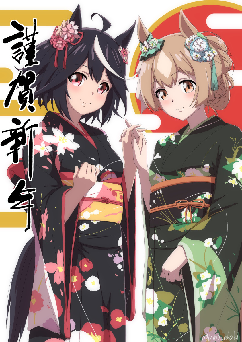 2girls absurdres ahoge alternate_hairstyle black_hair black_kimono brown_eyes brown_hair closed_mouth ear_ornament egasumi floral_print flower furisode hair_flower hair_ornament hair_up happy_new_year highres holding_hands interlocked_fingers japanese_clothes kimono kitasan_black_(umamusume) looking_at_viewer multicolored_hair multiple_girls new_year obi onomaoo print_kimono sash satono_diamond_(umamusume) smile standing streaked_hair translated umamusume white_hair