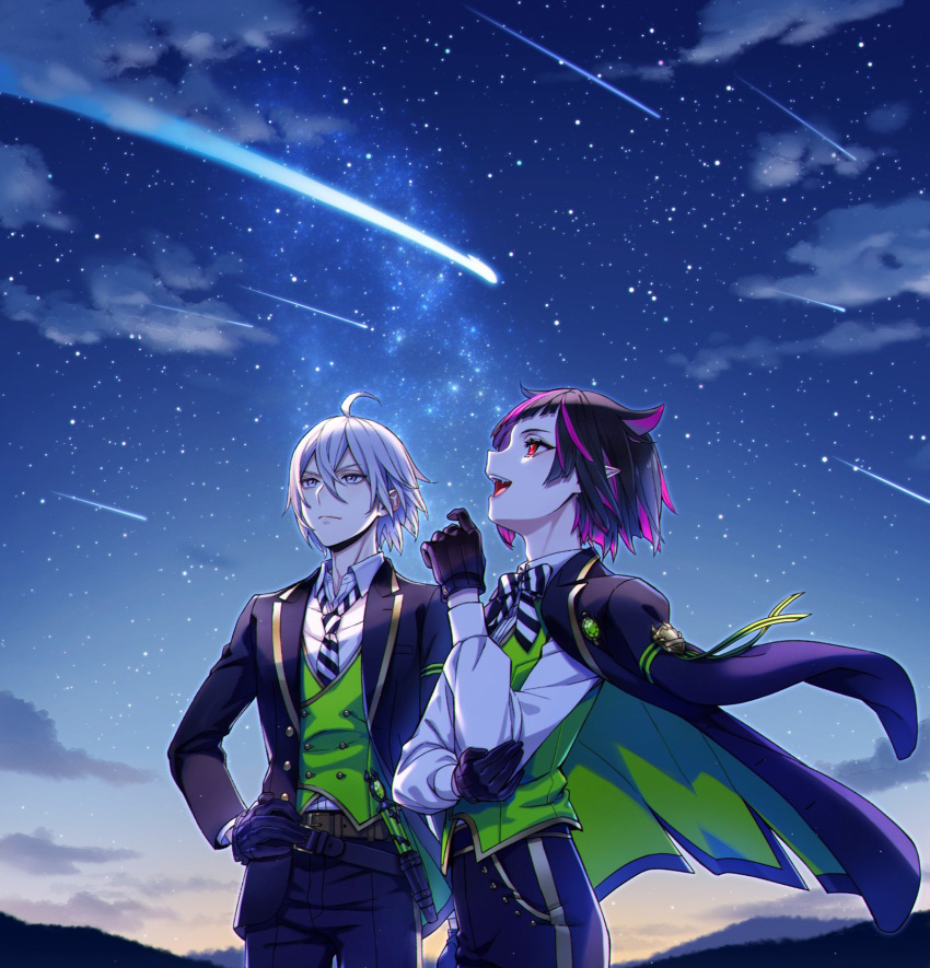 2boys black_hair comet deretta fangs gloves green_eyes grey_hair highres lilia_vanrouge looking_afar looking_up multicolored_hair multiple_boys otoko_no_ko pale_skin pink_hair red_eyes school_uniform shooting_star silver_(twisted_wonderland) sky star_(sky) star_(symbol) stargazing starry_sky twisted_wonderland