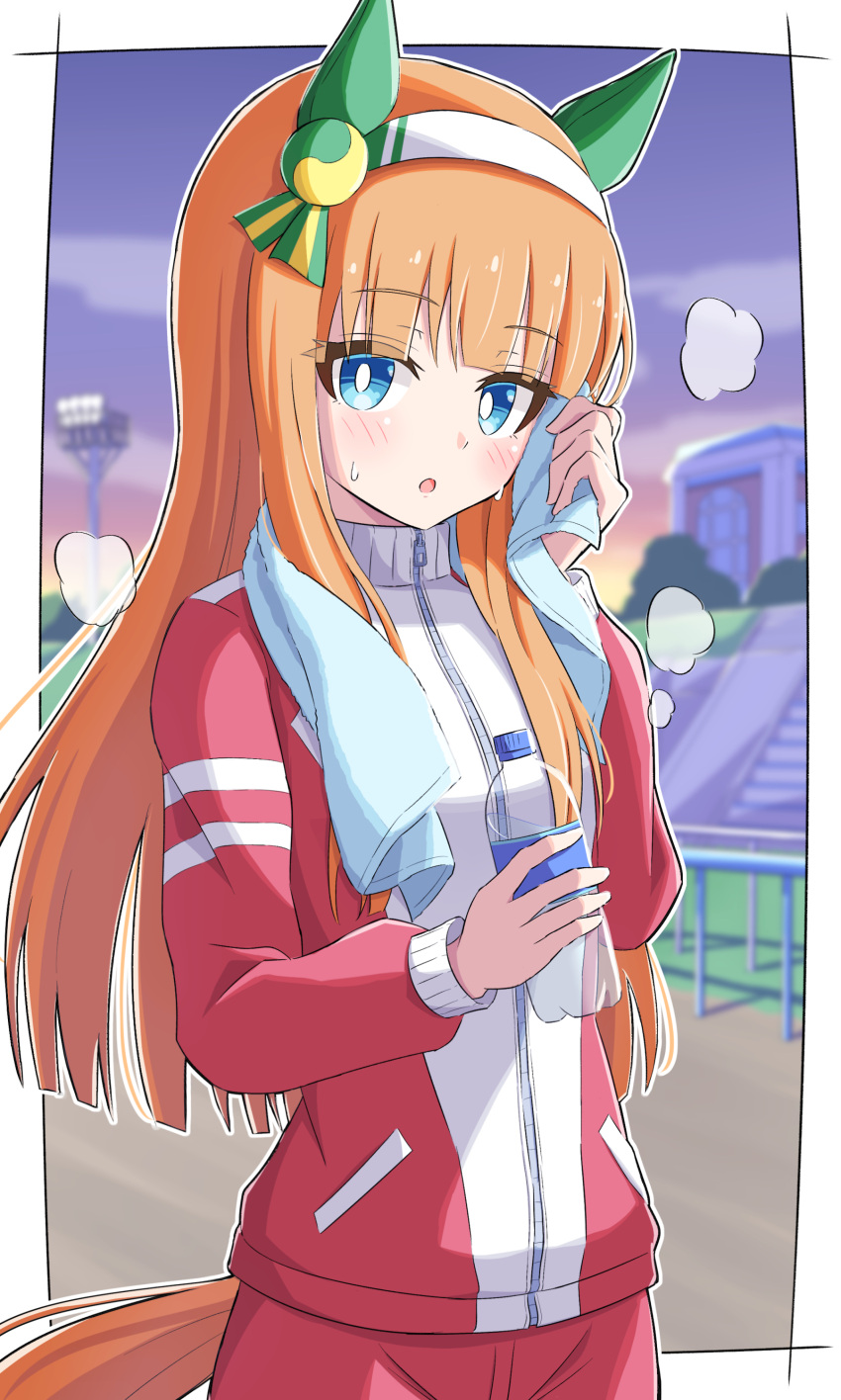 absurdres animal_ears blue_eyes blush commentary_request heavy_breathing highres hime_cut horse_ears horse_girl horse_tail jacket long_hair looking_at_viewer orange_hair pants silence_suzuka_(umamusume) sky sweat tail toushirou_(sugarwhite1046) towel track_jacket track_pants track_suit umamusume