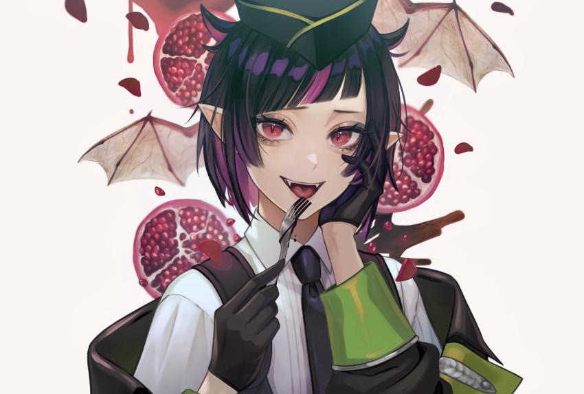 1boy black_hair fangs fork gloves hands_on_own_cheeks hands_on_own_face head_rest highres lilia_vanrouge looking_at_viewer meg_mumu multicolored_hair otoko_no_ko pale_skin pink_hair pointy_ears red_eyes slit_pupils solo twisted_wonderland wings