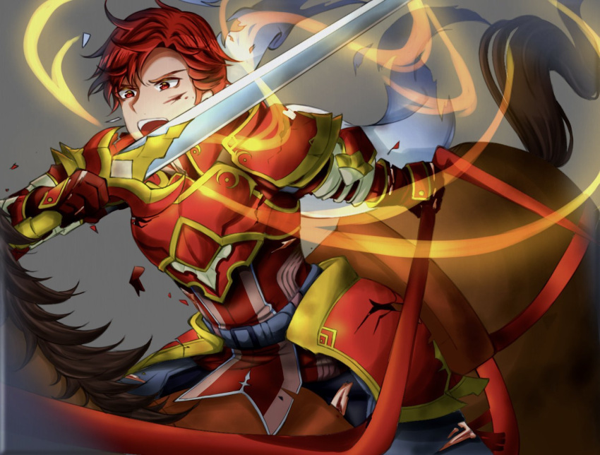 1boy armor cain_(fire_emblem:_shadow_dragon) fire_emblem fire_emblem:_shadow_dragon fire_emblem_heroes holding holding_sword holding_weapon horseback_riding incoming_attack open_mouth red_eyes redhead riding short_hair sword tankei_fm upper_body weapon