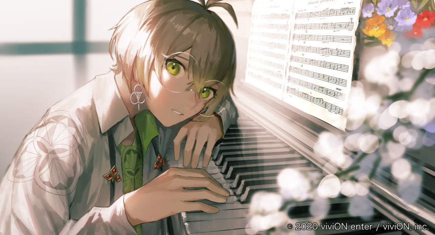 1boy androgynous blurry blurry_background character_request clock_over_orquesta collared_shirt commentary_request copyright earrings flower glasses green_eyes green_shirt hair_between_eyes highres indoors instrument ishida_(segu_ishida) jewelry light_brown_hair long_sleeves looking_at_viewer male_focus official_art orange_flower parted_lips piano purple_flower red_flower sheet_music shirt short_hair solo undone_necktie upper_body white_shirt