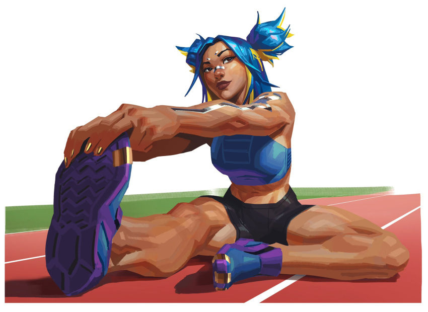 1girl bangs bike_shorts black_shorts blonde_hair blue_hair breasts brown_eyes crop_top dark-skinned_female dark_skin english_commentary head_tilt highres jeremy_anninos medium_breasts multicolored_hair muscular muscular_female neon_(valorant) running_track shoes shorts sitting smile sneakers solo streaked_hair twintails two_side_up valorant
