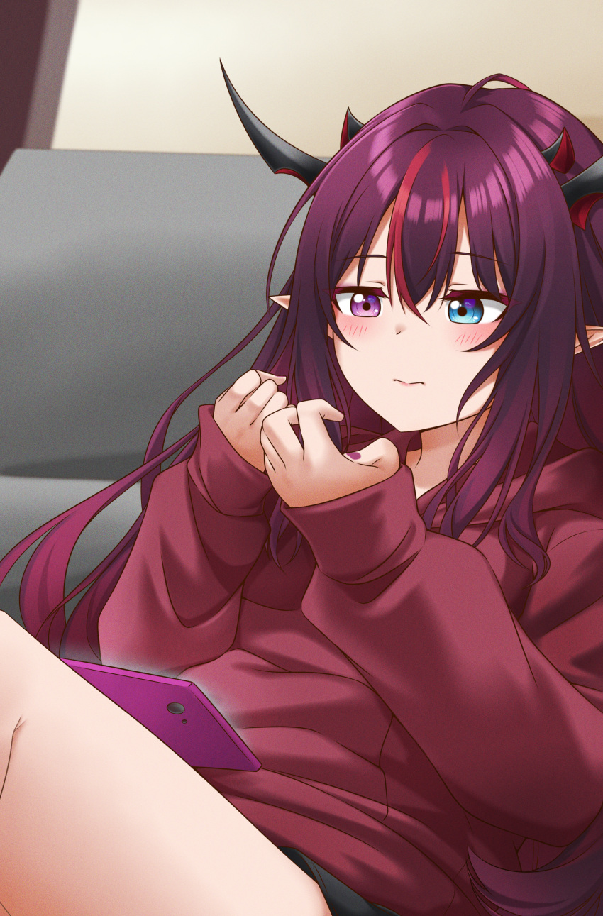 1girl absurdres bangs black_shorts blush cellphone couch gacha hair_behind_ear heterochromia highres hololive hololive_english hood hoodie horns irys_(hololive) jan_azure meme multicolored_hair multiple_horns phone pointy_ears purple_hair purple_nails red_hoodie redhead shorts sitting smartphone solo streaked_hair textless truth virtual_youtuber