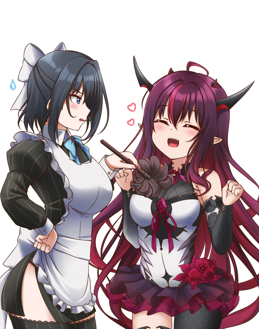 2girls absurdres alternate_costume annoyed apron bangs black_dress black_hair blue_bow blue_eyes blush bow breasts clenched_hands commentary dress duster english_commentary enmaided heart highres holding holding_duster hololive hololive_english horns irys_(hololive) jan_azure juliet_sleeves large_breasts long_hair long_sleeves maid maid_apron medium_breasts multiple_girls multiple_horns open_mouth ouro_kronii pointy_ears puffy_sleeves pun purple_skirt short_hair single_leg_pantyhose single_thighhigh skirt smile thigh-highs virtual_youtuber