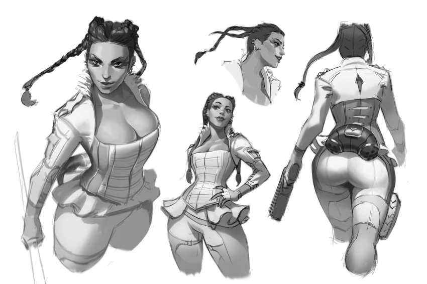 apex_legends ass b3_wingman braid breasts collarbone corset eyeshadow floating_hair greyscale gun hand_on_hip head_tilt highres holding holding_gun holding_staff holding_weapon jeremy_anninos loba_(apex_legends) looking_at_another looking_to_the_side looking_up makeup medium_breasts monochrome multiple_views parted_lips revolver sketch smile staff twin_braids walking weapon