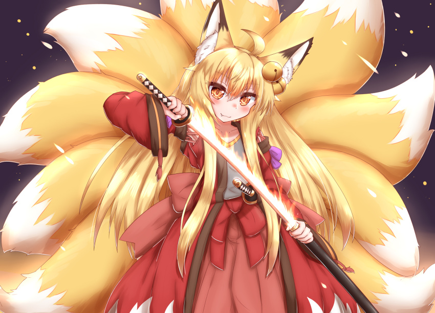 1girl :3 ahoge animal_ear_fluff animal_ears arm_up back_bow bangs bell blonde_hair blush bow closed_mouth embers eyebrows_visible_through_hair fang fang_out flaming_weapon flat_chest fox_ears fox_girl fox_tail grey_shirt hair_bell hair_between_eyes hair_ornament hakama haori happy highres holding holding_sword holding_weapon horokusa_(korai) japanese_clothes jingle_bell katana korai_(horokusa) kyuubi long_hair long_sleeves looking_at_viewer multiple_tails open_clothes orange_eyes original purple_background red_hakama sheath shiny shiny_hair shirt sidelocks simple_background smile solo standing sword tail unsheathing very_long_hair weapon wide_sleeves