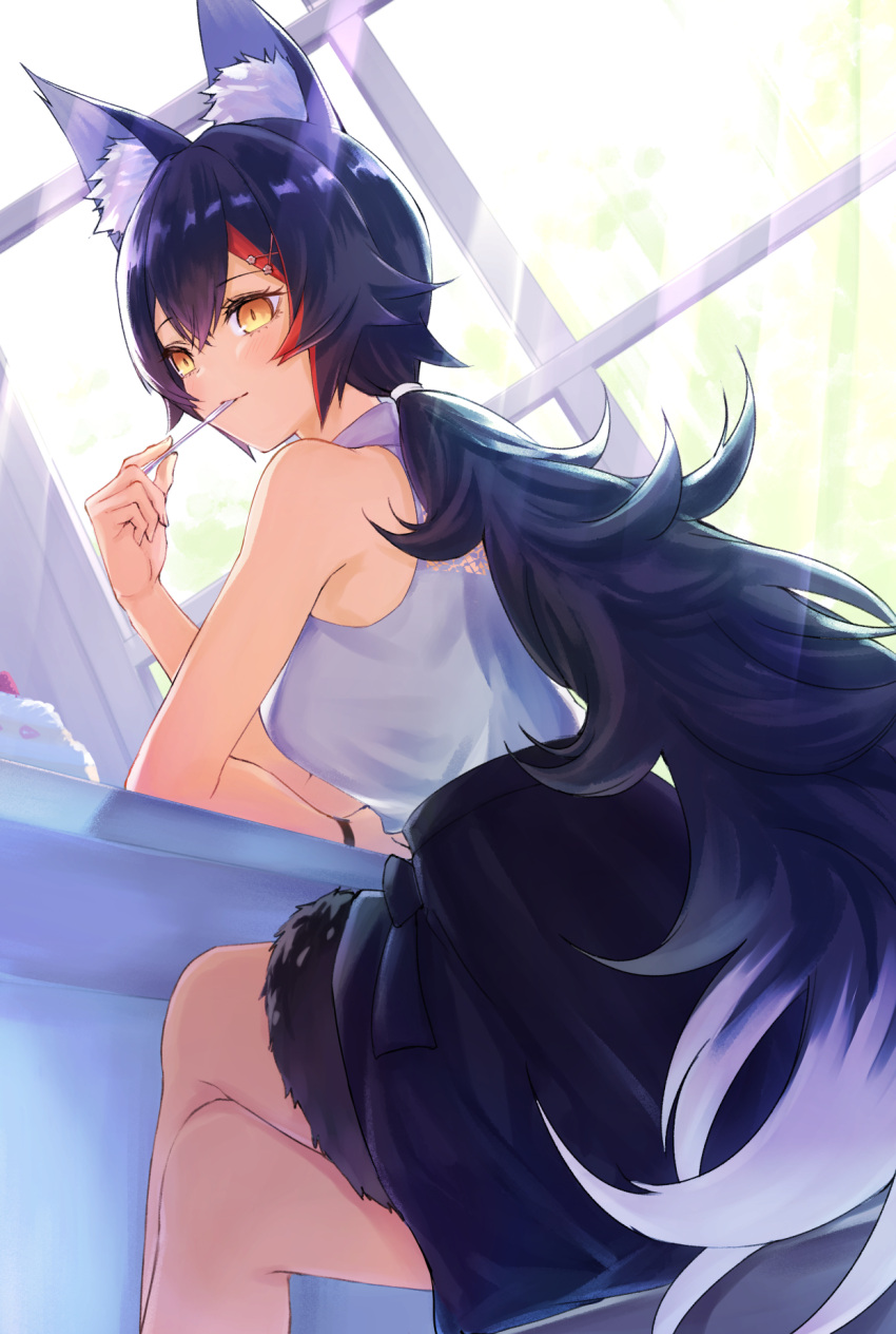 1girl animal_ear_fluff animal_ears bare_arms bare_shoulders black_hair black_skirt breasts cake cake_slice crossed_legs dutch_angle eating eyelashes food from_behind from_side grey_hair hair_ornament hairclip high-waist_skirt highres hololive indoors long_hair looking_at_viewer low_ponytail medium_breasts multicolored_hair on_stool ookami_mio redhead shirt sitting skirt sleeveless sleeveless_shirt slit_pupils solo spiky_hair streaked_hair tail tail_around_leg tail_wrap very_long_hair virtual_youtuber white_shirt wide_ponytail wolf_ears wolf_girl wolf_tail yellow_eyes yuu201023