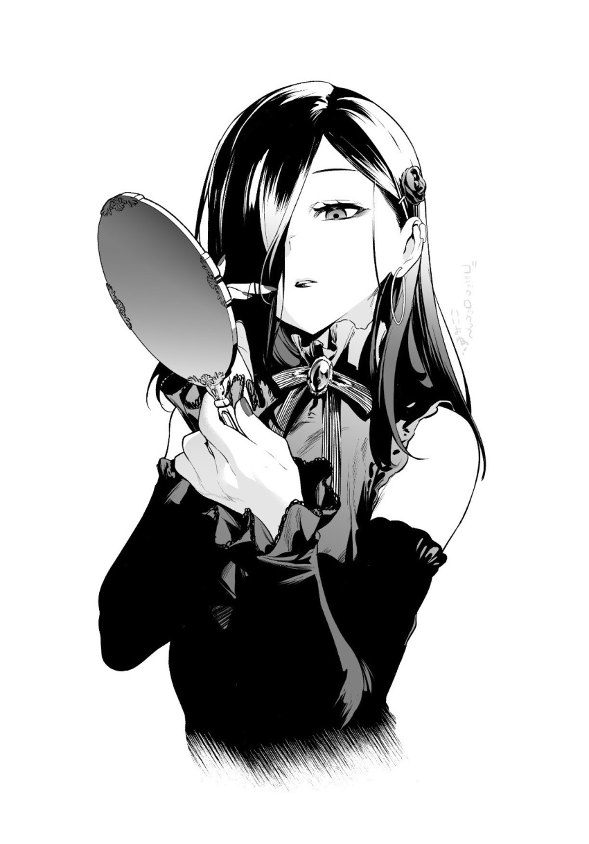 1girl amanekuu bare_shoulders brooch clothing_cutout cropped_torso dress earrings flower greyscale hair_flower hair_ornament hair_over_one_eye hairclip hand_mirror highres holding holding_mirror hoop_earrings jewelry long_hair long_sleeves looking_at_mirror mirror monochrome original parted_lips ribbon shoulder_cutout simple_background solo translation_request upper_body